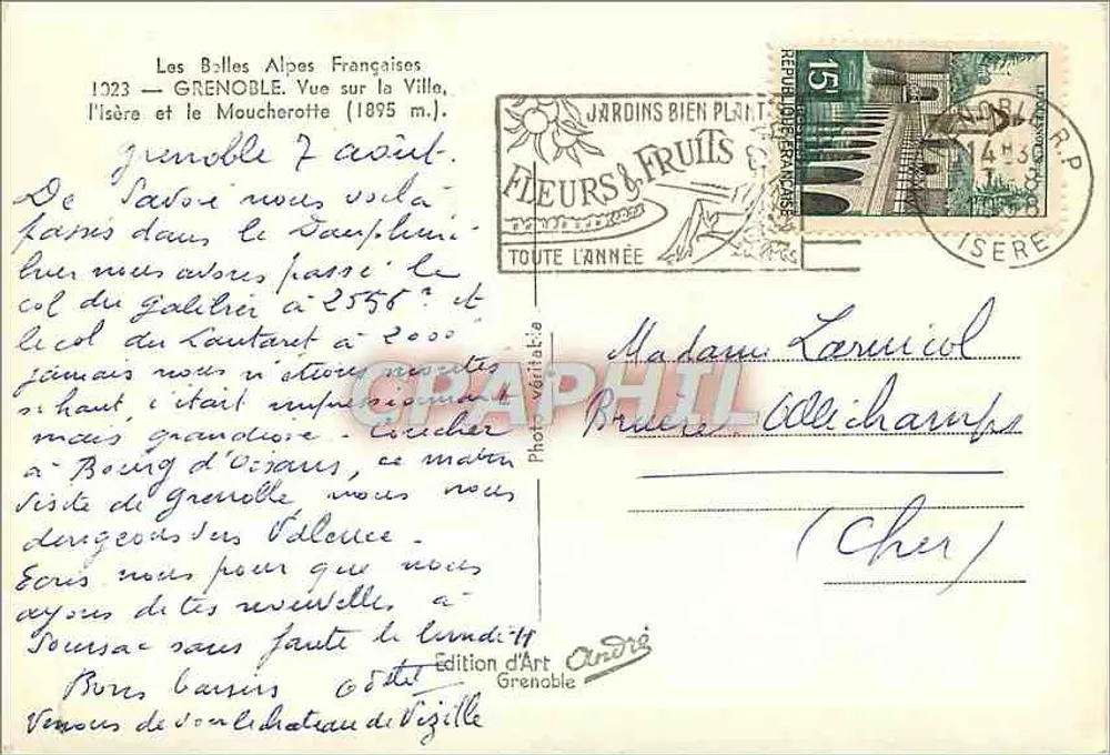 Grenoble — Vue sur la ville, l'Isère et le Moucheroitte (1895 m.) — André, Grenoble - Verso