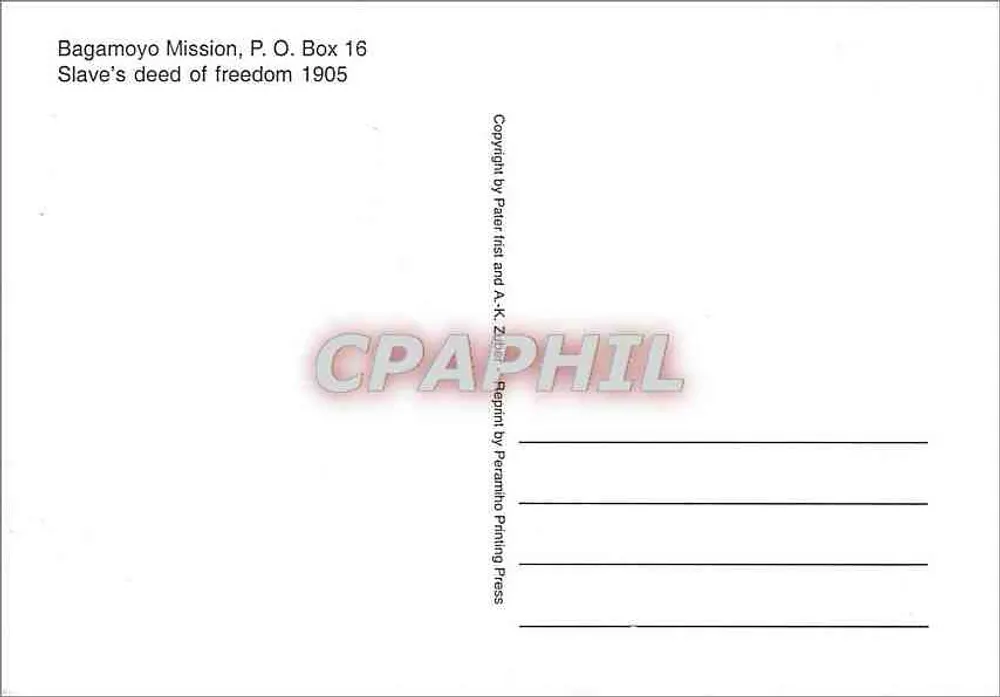 Bagamoyo Mission — Freiheitsedikt für einen Sklaven — Verlag Bagamoyo Mission, P.O. Box 16 - Rückseite