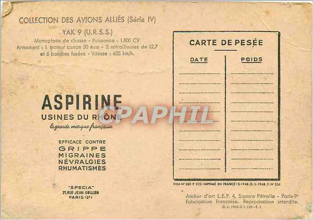 YAK-9 (URSS) — Coleção dos Aviões Aliados (Série IV) — Atelier d'art L.E.P., Paris - Verso