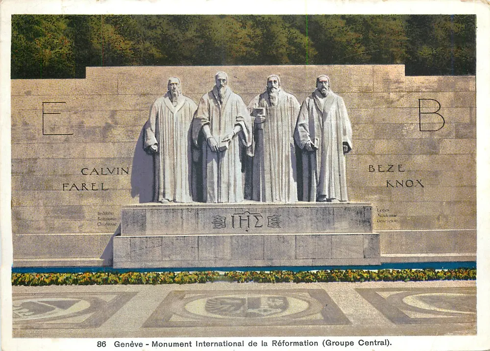 Genf - Internationales Reformationsdenkmal (Zentralgruppe) — Statuen von Calvin, Farel, Beze, Knox — Verlag Jaeger, Nr. 86 - Vorderseite