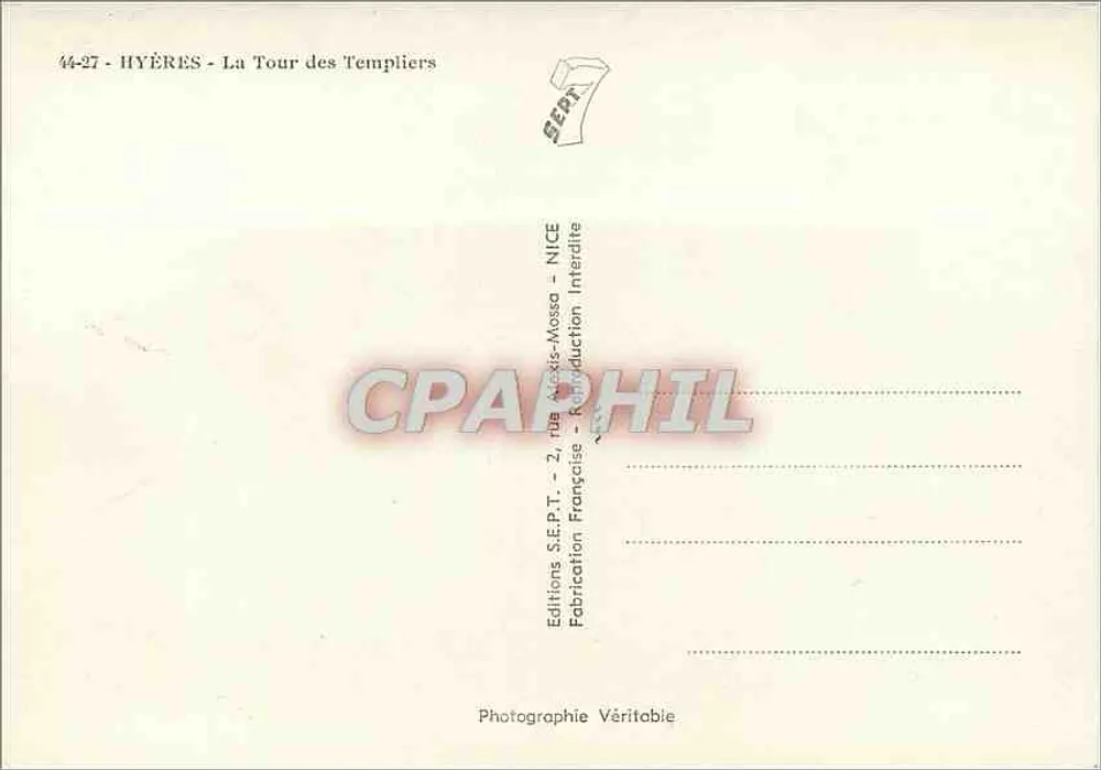 Hyères - A Torre dos Templários — Edições S.E.P.T. - NICE - Verso