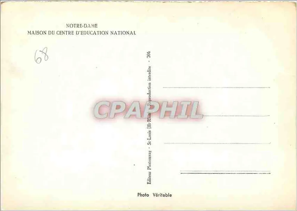 Hôtel des Voûtes — Estabelecimento da Casa do Centro de Educação Nacional — Editor Véritable, St-Louis (H-Rhin) - Verso