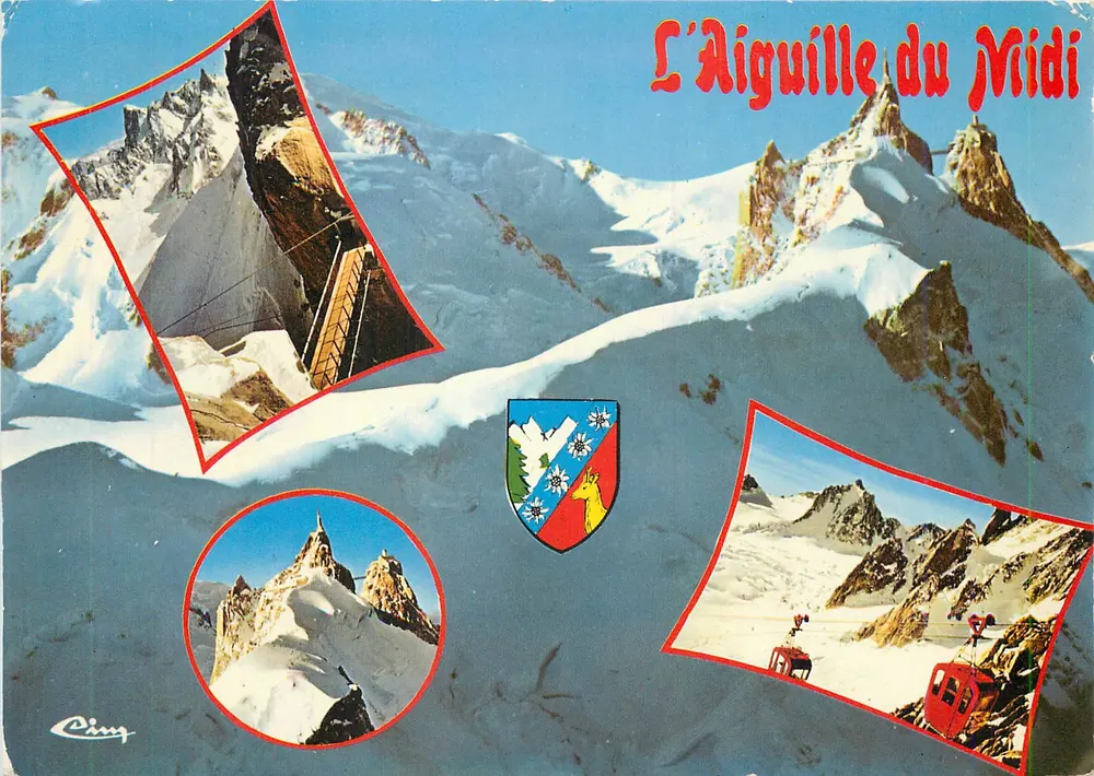 A Aiguille du Midi — vista panorâmica com gôndola e escudo — editor Cimchrome - Frente