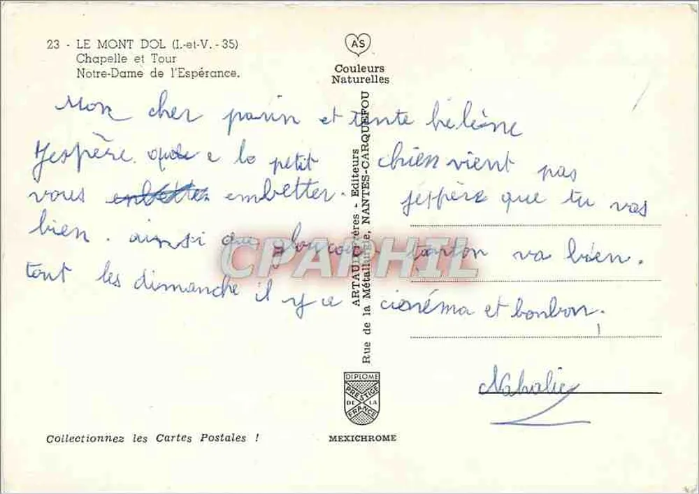 Mont Dol (Ille-et-Vilaine) — Kapelle und Turm Notre-Dame de l'Espérance — Verlag Arttaud Frères, Nantes - Rückseite