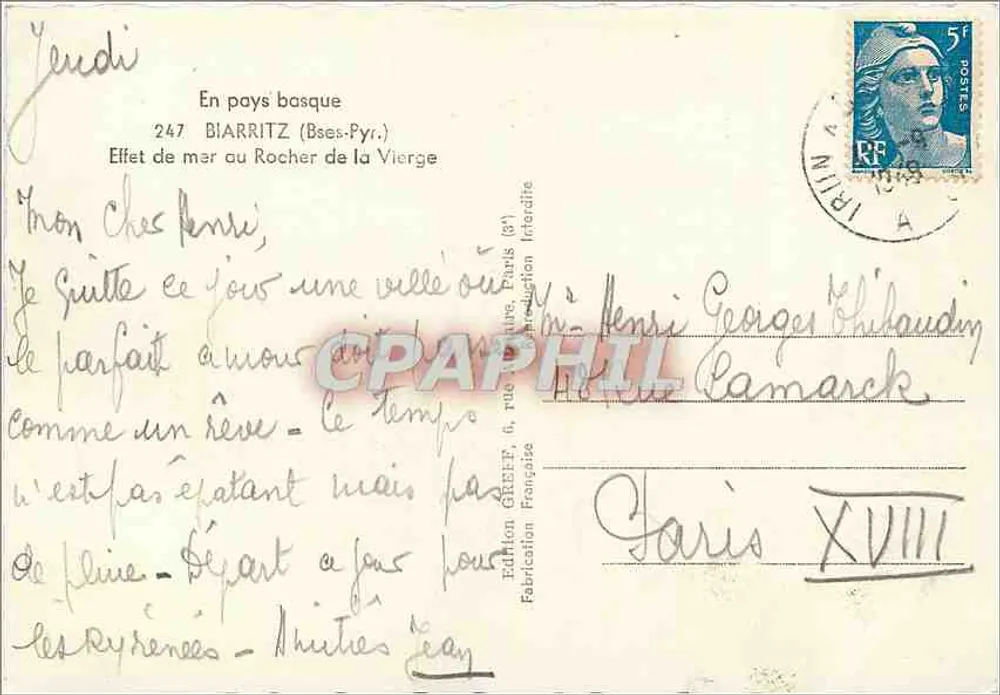 Rocher de la Vierge — Biarritz (Basses-Pyrénées) — Edition Greff - Rückseite