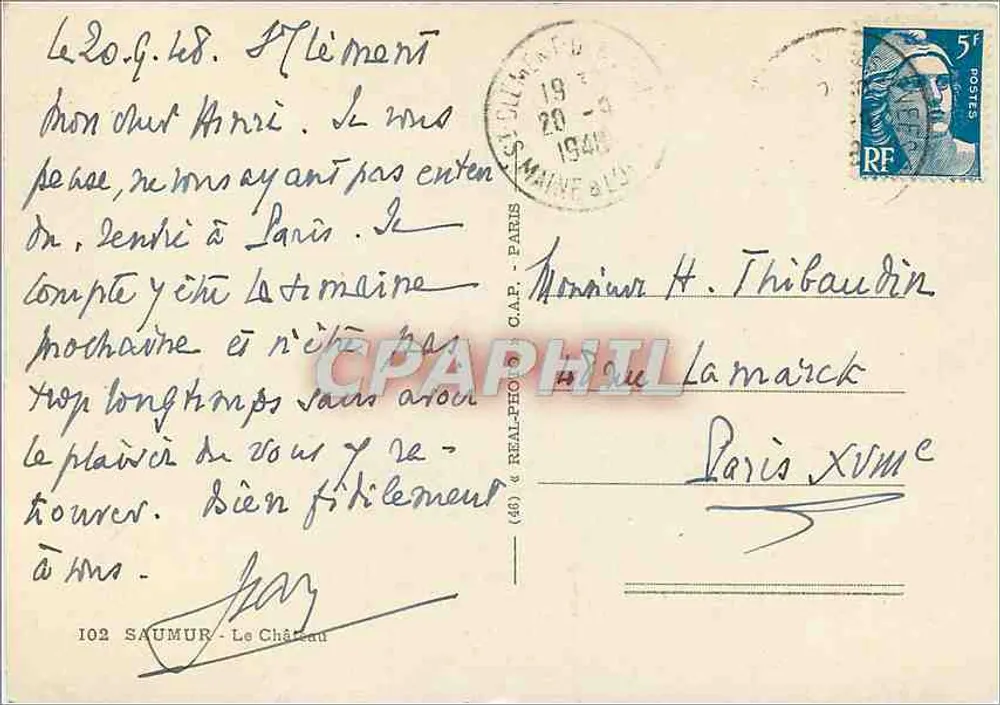 Saumur — O Castelo — editor CAP, n°102 - Verso