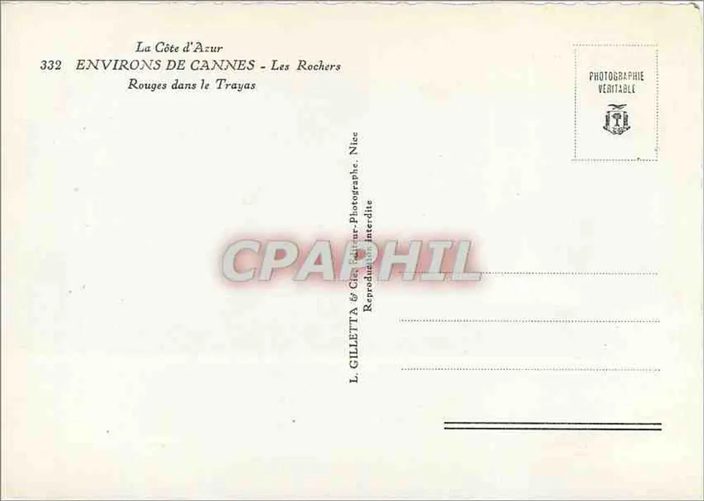 Die roten Felsen im Trayas — in der Nähe von Cannes — L. Gilletta & Cie, Nizza, Nr. 332 - Rückseite