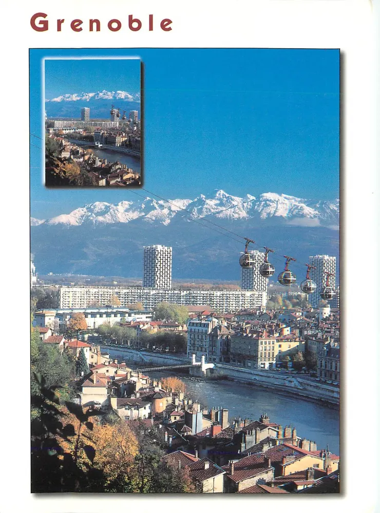 Grenoble — vista panorâmica com teleférico e montanhas nevadas — Edições FLASH CARTES - Frente