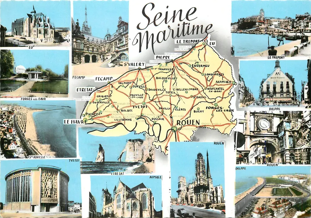 Seine-Maritime — Carte postal turística com mapa e fotos de locais — Impressor Combier - Frente