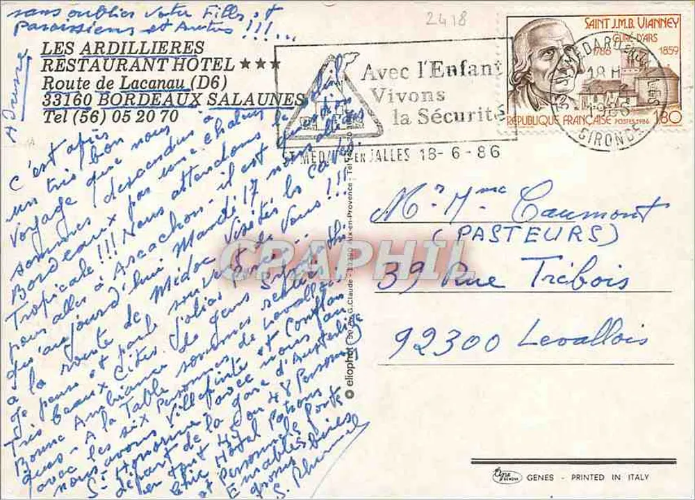 Les Ardillieres restaurant hotel*** — Bordeaux Salaunes Gironde — Verlag Genes, gedruckt in Italien - Rückseite