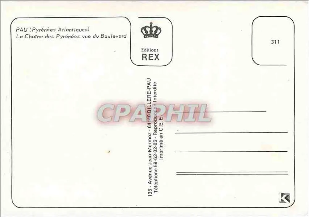 Pau — Ansicht der Pyrenäen vom Boulevard — Editions REX n°311 - Rückseite
