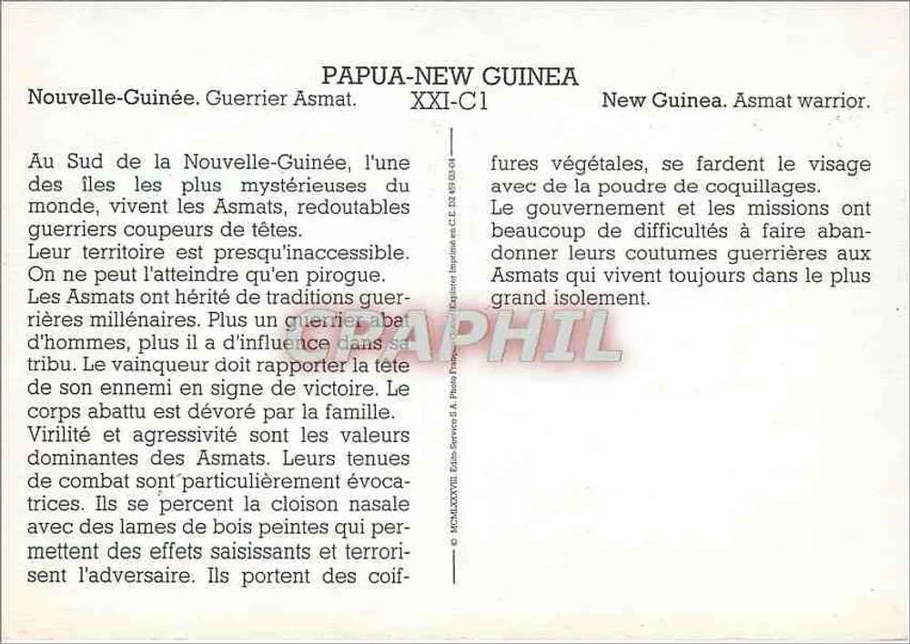 Asmat-Krieger — Neuguinea — Verlag: Photo-Service S.A. (XXI-C1) - Rückseite