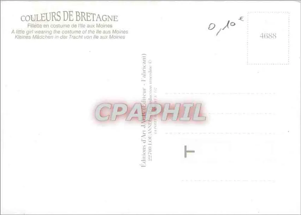 Mädchen in Kostüm von Île aux Moines — Farben der Bretagne — Éditions d'Art-J (Hersteller) — Nr. 4688 - Rückseite
