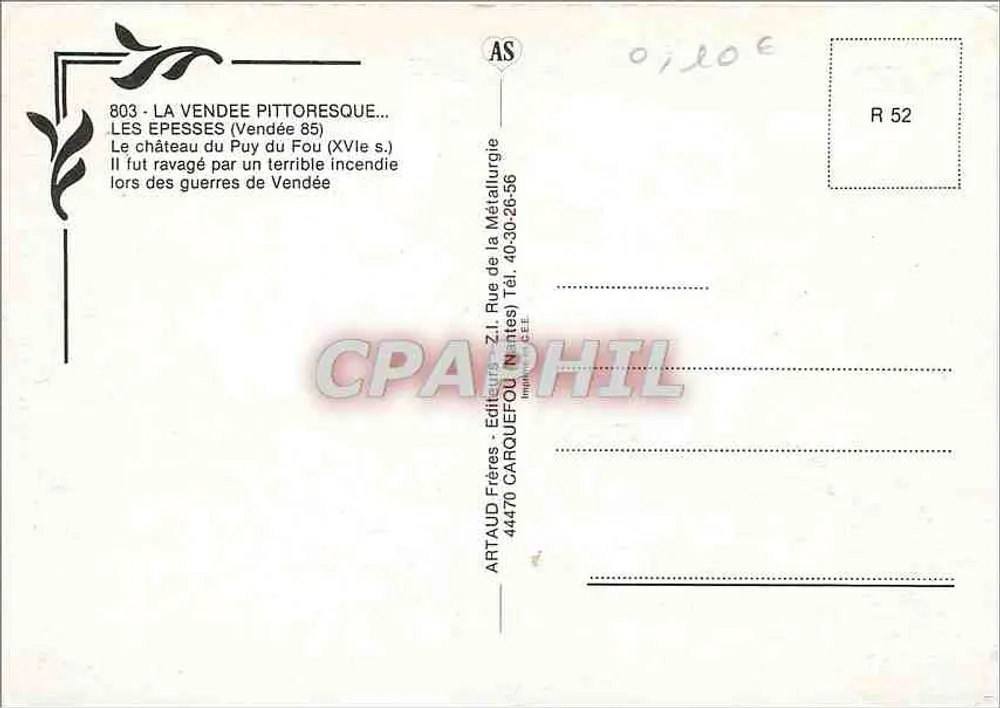 Le Puy du Fou — Château ruiné — ARTRAUD Frères, n° 803 - Verso
