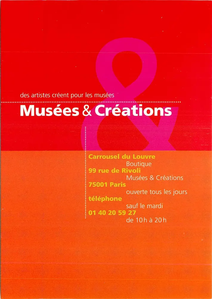 Museus & Criações — Carrossel do Louvre, 99 rue de Rivoli, Paris — folheto promocional - Frente