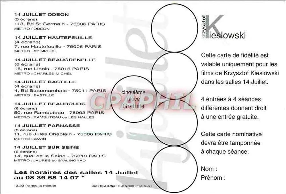 Krystof Kieslowski — 14 lipca w kinach 14 lipca — Karta lojalnościowa - Rewers