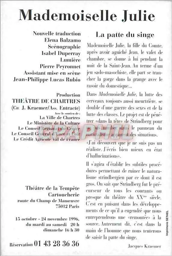 Mademoiselle Julie — Strindberg — Theatre de la Tempête, Paris - Rückseite
