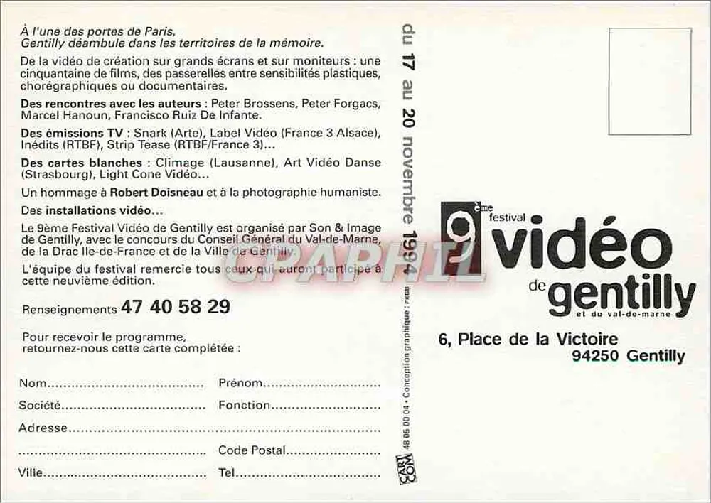 9. Video-Festival von Gentilly und Val-de-Marne — 17. bis 20. November 1994 - Rückseite