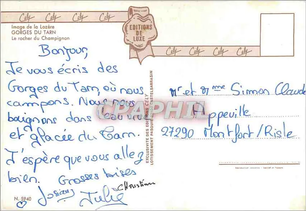 Gorges do Tarn — O rochedo do Champignon — Éditions de Luxe Cely - Verso