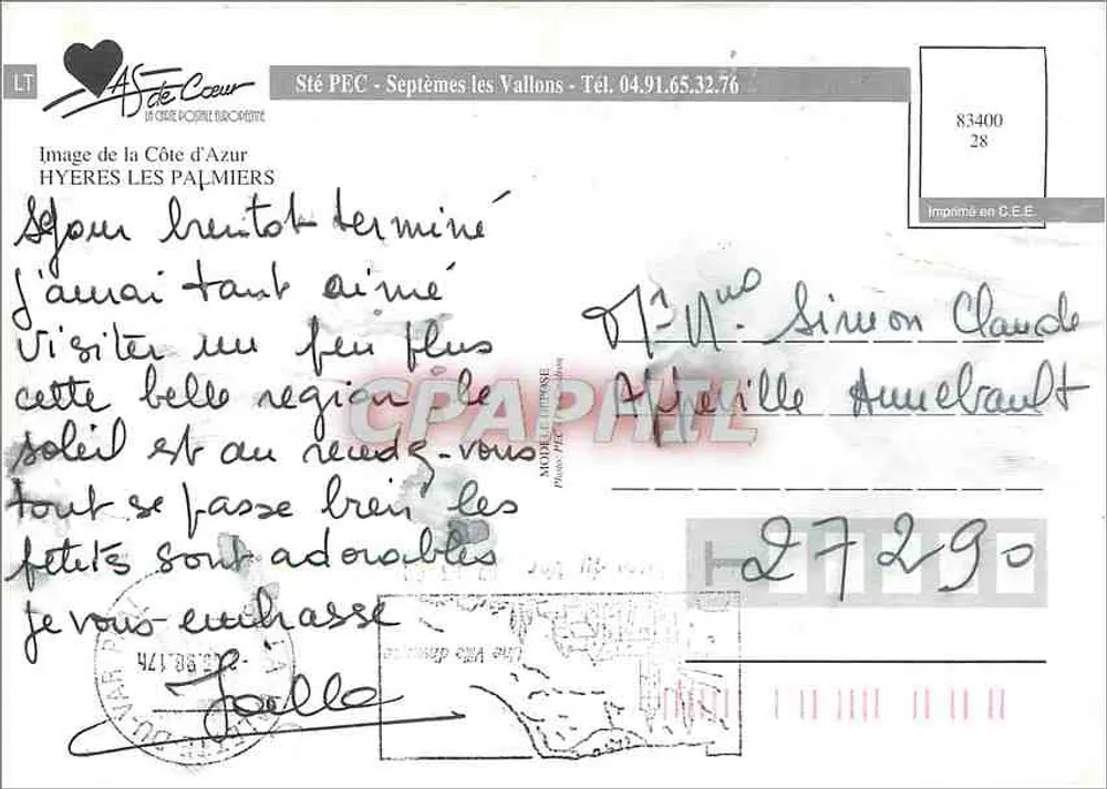 Hyères les Palmiers — Côte d'Azur — Editor LT de Cœur - Verso