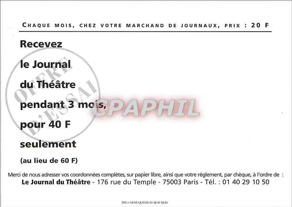 Der Theaterjournal — Werbeanzeige — Verlag: Der Theaterjournal, 176 rue du Temple, Paris - Rückseite