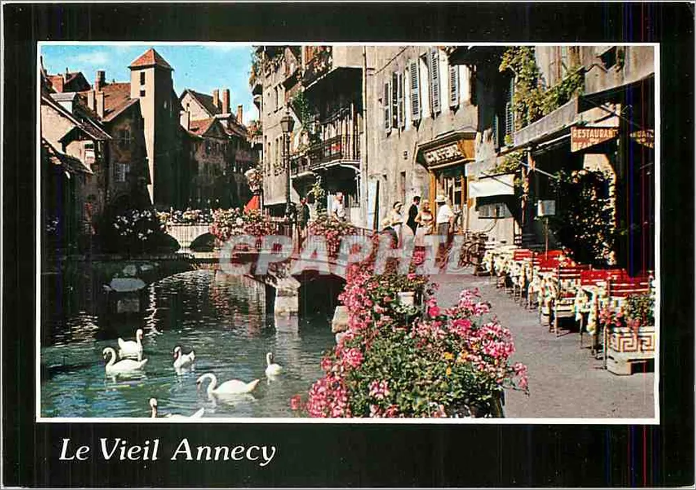 O Velho Annecy — Vista do canal com cisnes e restaurantes — Édition Rossignod, n°10129 - Frente