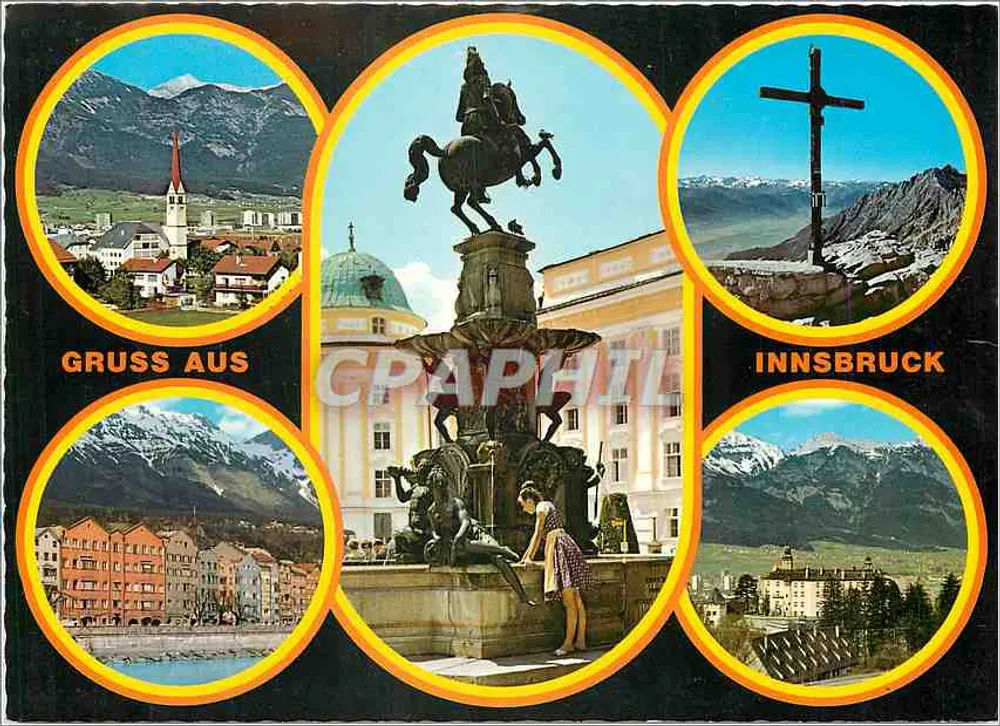 Innsbruck — vista da praça com fonte equestre e paisagens alpinas — editor Lefebvre-Schuhrecker, n° 1786 - Frente