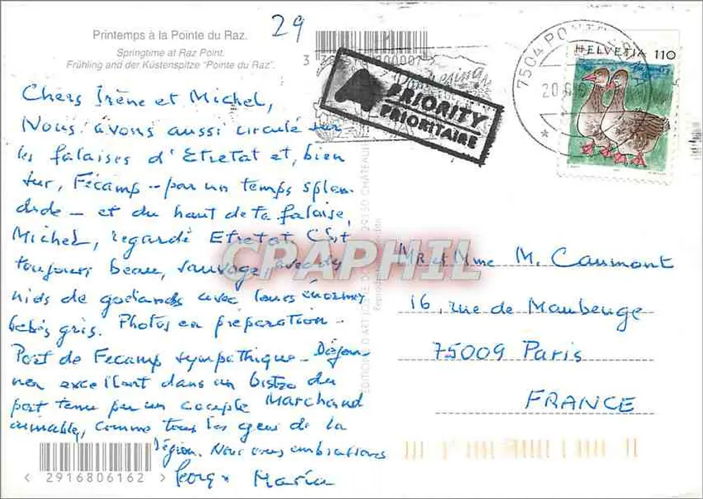 Pointe du Raz — Vista das falésias e do farol — Editor Helvetia, n° 29 - Verso