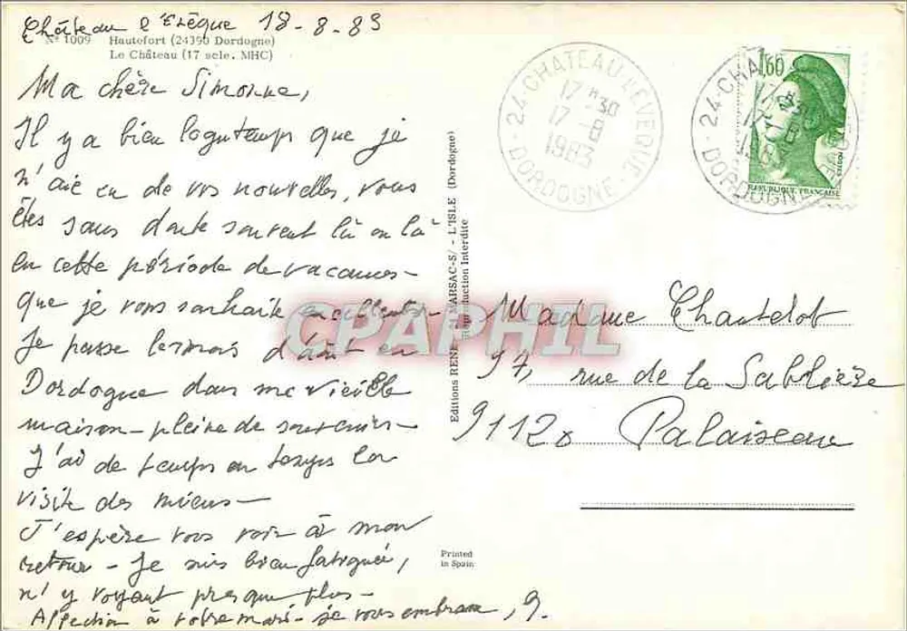 Castelo de Égreville — Torre redonda e jardins — Edições REN - L'Île (Dordogne) n°1009 - Verso
