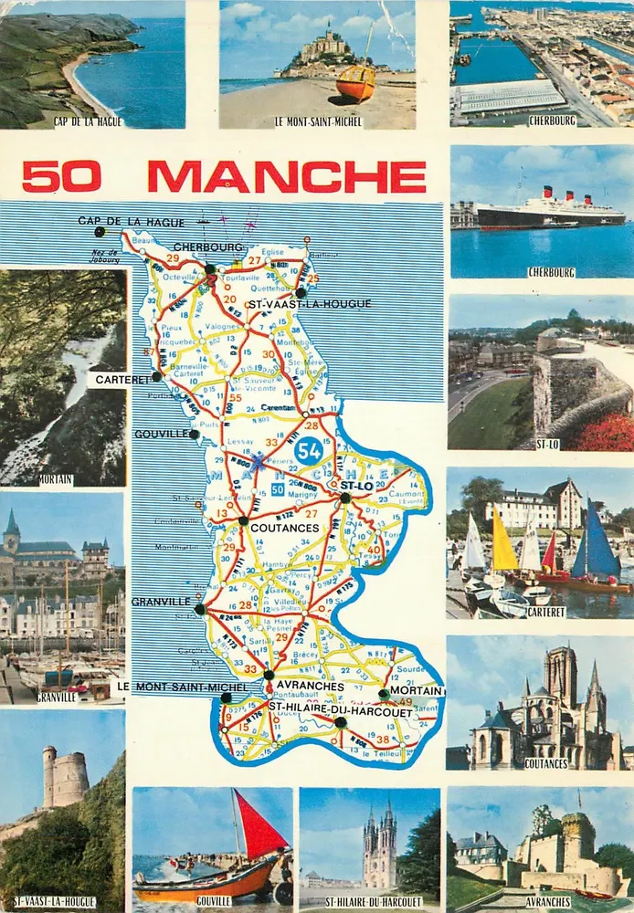 Manche — 50 departamentos — Carta postal turística com mapa rodoviário e fotos de locais - Frente