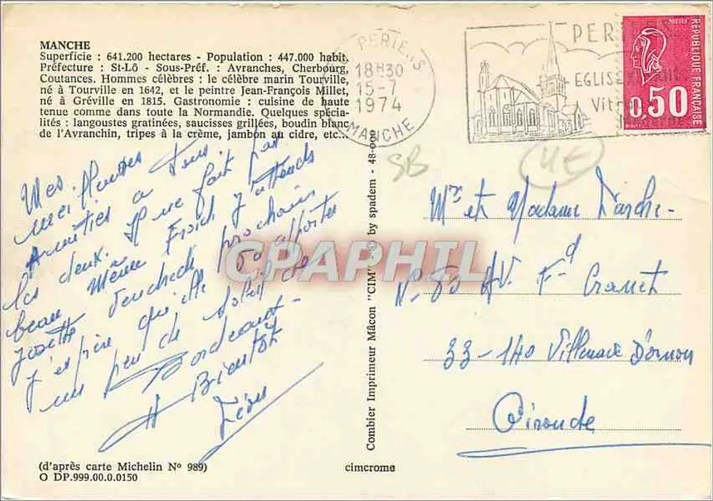 Manche — 50 departamentos — Carta postal turística com mapa rodoviário e fotos de locais - Verso