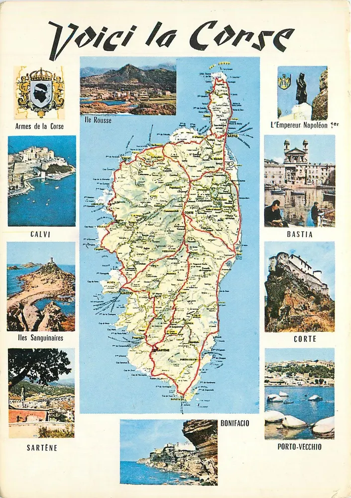 Aqui está a Córsega — Carta postal turística com mapa e fotos de locais emblemáticos — Edições La Cigogne - Frente