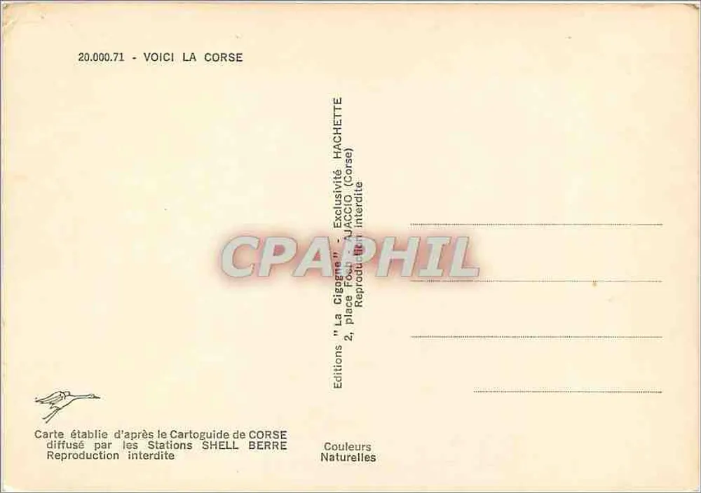 Aqui está a Córsega — Carta postal turística com mapa e fotos de locais emblemáticos — Edições La Cigogne - Verso