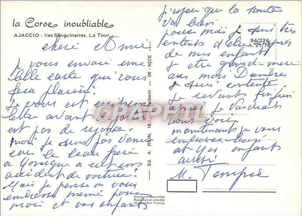 Ilhas Sanguinárias - A Torre — Ajaccio, editor Couleurs Naturelles, n° 94/224 - Verso