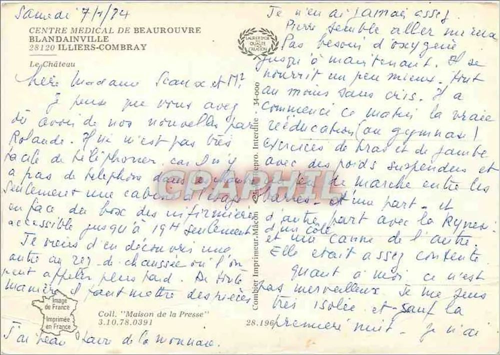 Château de Blandainville — Medizinisches Zentrum — Imprimerie Macón - Rückseite