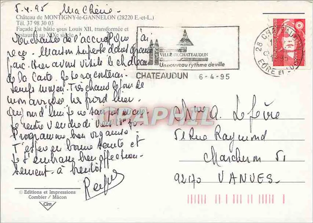 Schloss Montigny-le-Gannelon — Ostfassade, im 19. Jahrhundert restauriert — Éditions et Impressions Combier / Mâcon - Rückseite