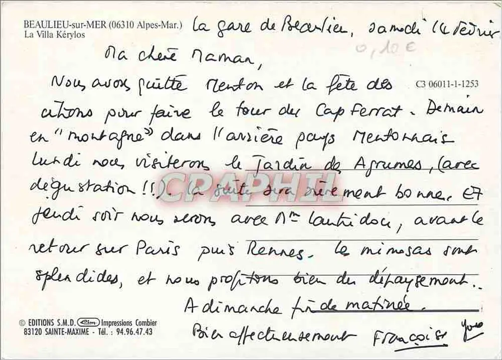 Beaulieu-sur-Mer — vue du port et de la villa — Éditions S.M.D. Impressions Combier - Verso