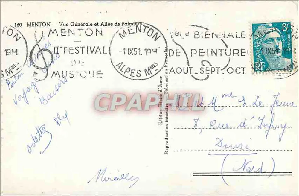 Menton — Vista Generale e Via dei Palme — Edizione Interdipartimentale - Verso