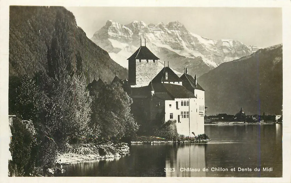 Castelo de Chillon e Dentes do Meio-dia — vista panorâmica — Georges Jucker, Genebra, n° 3123 - Frente