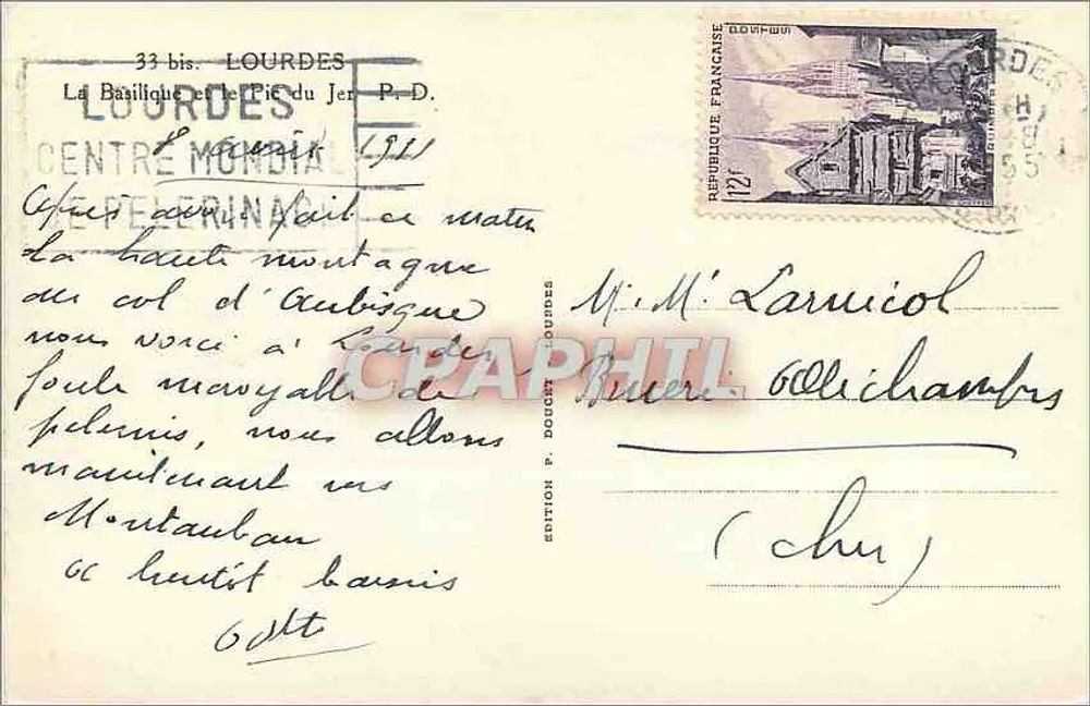 Lourdes — Basílica e o Pic du Jer — Edição P. Doucet Lourdes - Verso