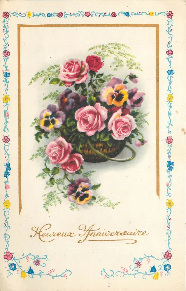 Arranjo de rosas e pansies — Aniversário — Impressora da França - Frente