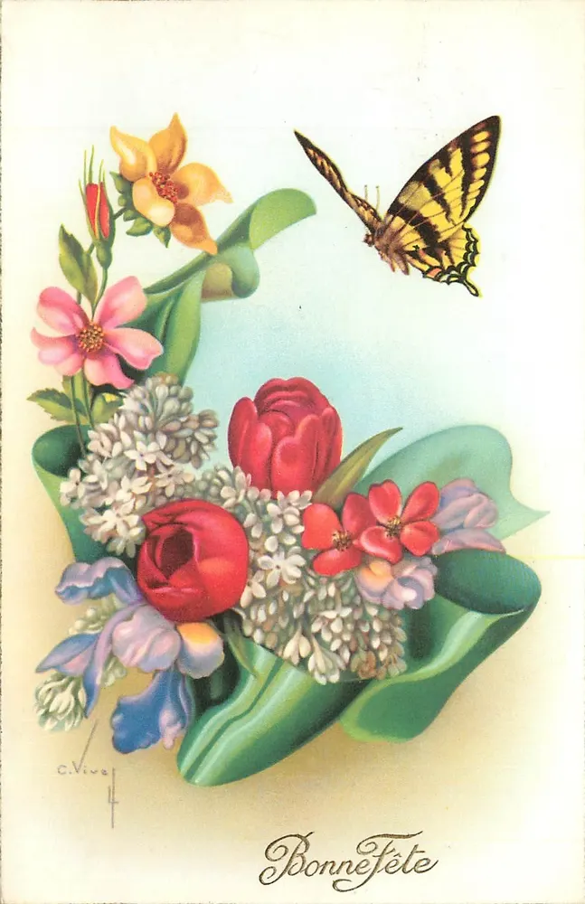 Arranjo de flores e borboleta — C. Vive — Éditions Univers, N° 455 - Frente