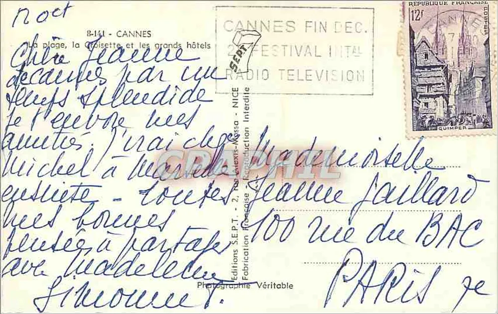 Cannes — Plage, la Croisette et les grands hôtels — Editions S.E.P.T. - 2, Rue Vieux-Marseille - Verso