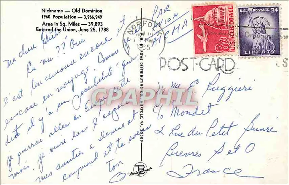 Saudações da Virgínia — cartão postal ilustrado com mapa do estado e suas atrações - Verso