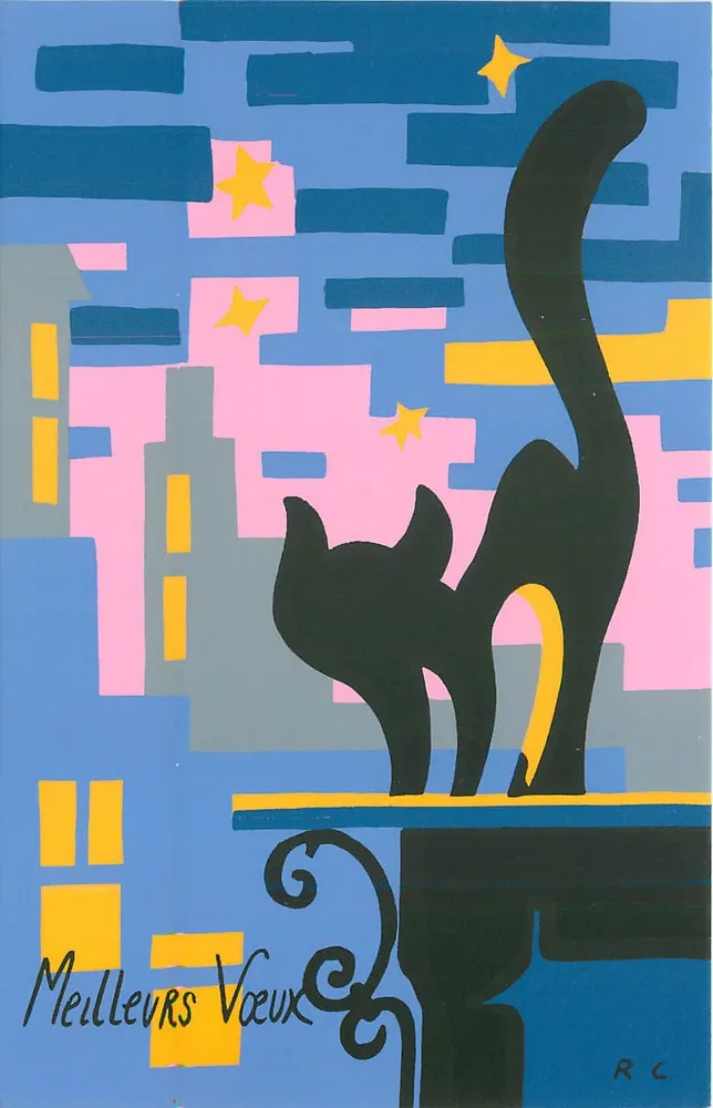 Gato preto em balcão — cidade estilizada — R C - Frente