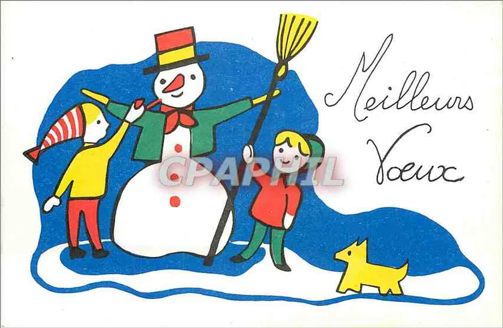 Crianças brincando com um homem de neve — carta de boas-vindas - Frente