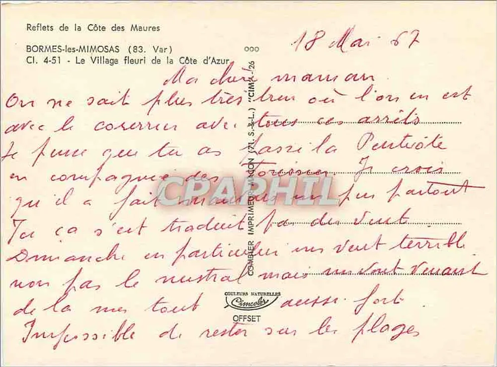 Bormes-les-Mimosas — Das blühende Dorf der Côte d'Azur — Imprimerie d'Azon (Cl. 4-51) - Rückseite