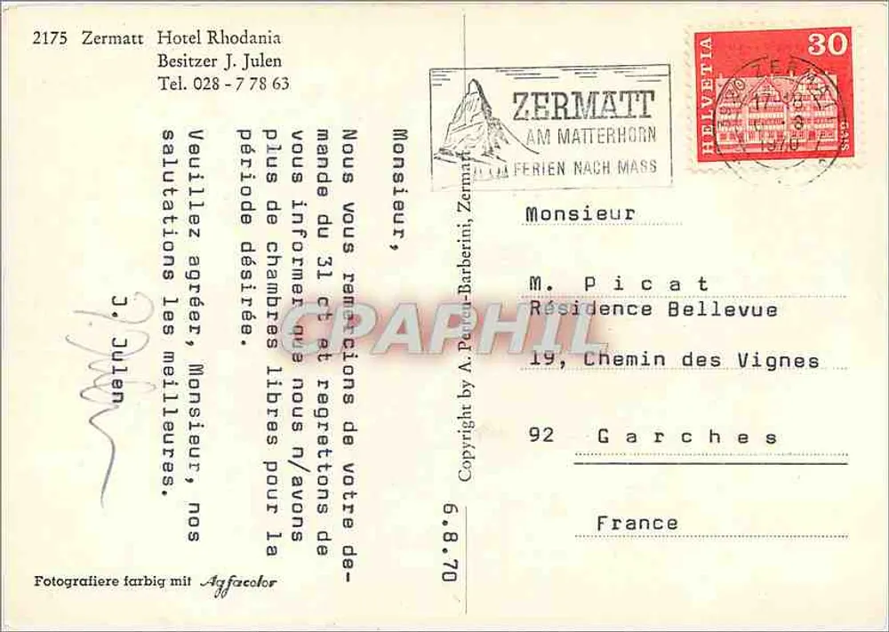 Hotel Rhodania — Zermatt — Verlag A. Perton-Barberini - Rückseite