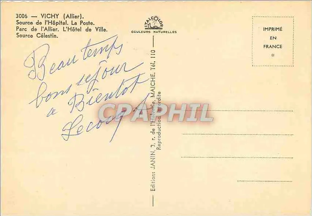 Vichy — vue panoramique — Éditions JANIN, n°3006 - Verso