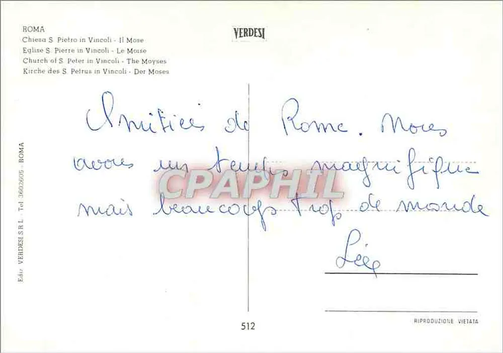 Chiesa di San Pietro in Vincoli — Statua di Mosè — Editore Verdesi, n° 512 - Verso